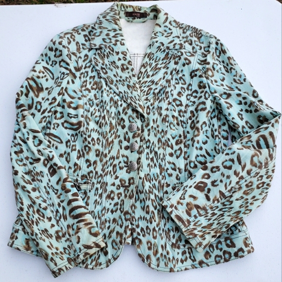 Laurèl by Escada Vintage 90s/00 Velvet/Brushed Blue Leopard Print Jacket Size 42 - Picture 1 of 15